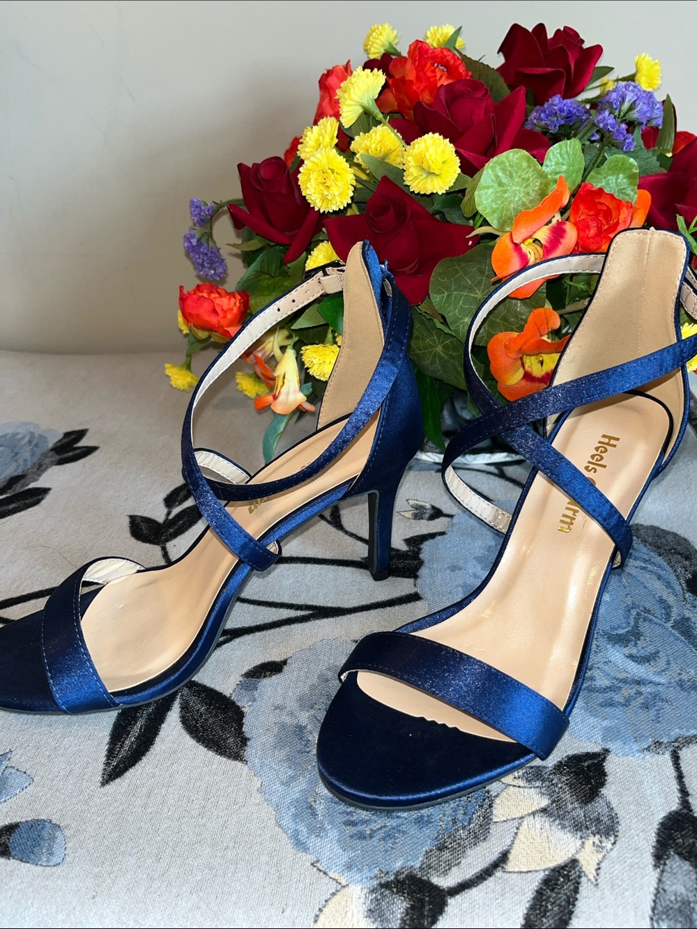 Strappy Navy Satin High Heel Sandals